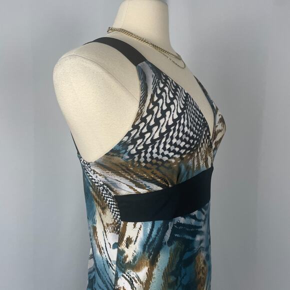 Y2K Midi Dress Size Medium Blue Brown Animal Print Sleeveless Babydoll Stretch - Picture 4 of 15